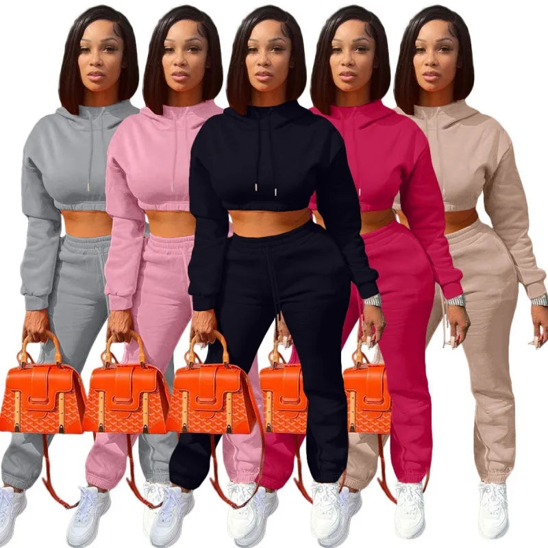 Customizable Women's Hoodie Casual Two-Piece Suit for Fall/Winter Solid Pattern Polyester Fabric With Hooded Collar