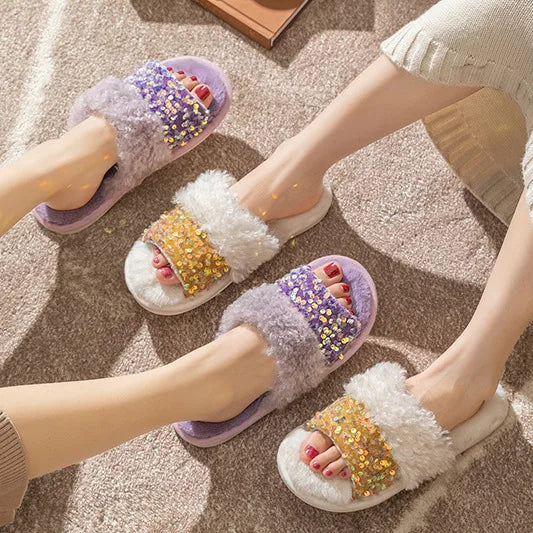 MIO Hot Sale Open Cozy Toe Fashion slippers Women's Sequin Long Hair Plush Upper slippers Home Indoor No Slip Wool-liked