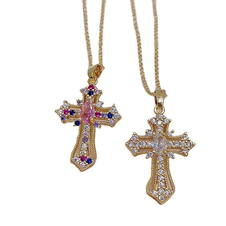 C082 Wholesale Fashion Jewelry Bling Diamond Gold Cross Necklaces Gold Plated Copper Zircon Cross Pendants Necklace for Women