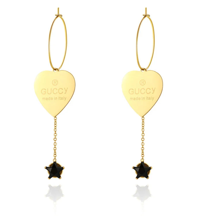 Fashion Fine Gold Plated Heart Charm Stainless Steel Zircon Star Tassels Earring