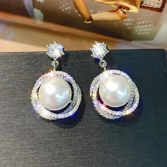 CAOSHI High Quality Handmade Stud Earring Silver Color Round Flower Pearl Dangle Drop Earrings Bridal Women