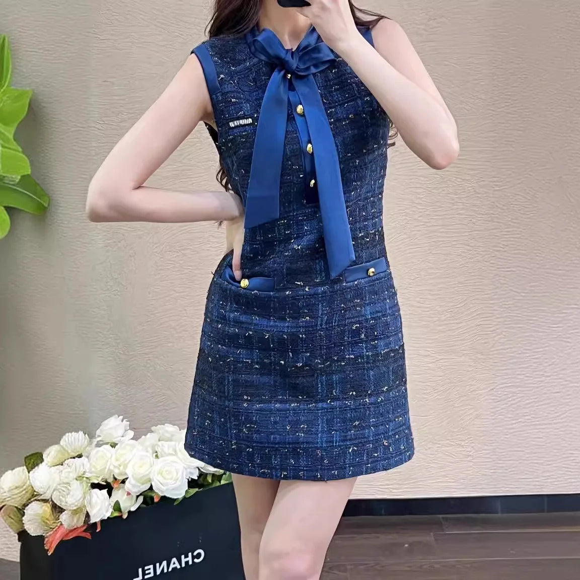 Boutique Wholesale 2024 Summer New Retro Elegant Slimming Sleeveless Tweed Women's Dress
