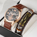 2 Pcs/Set Men Jewelry Analog Watch Fashion Vintage Gold Quartz Leather Strap Men Wrist Watches Bracelet Gift Set