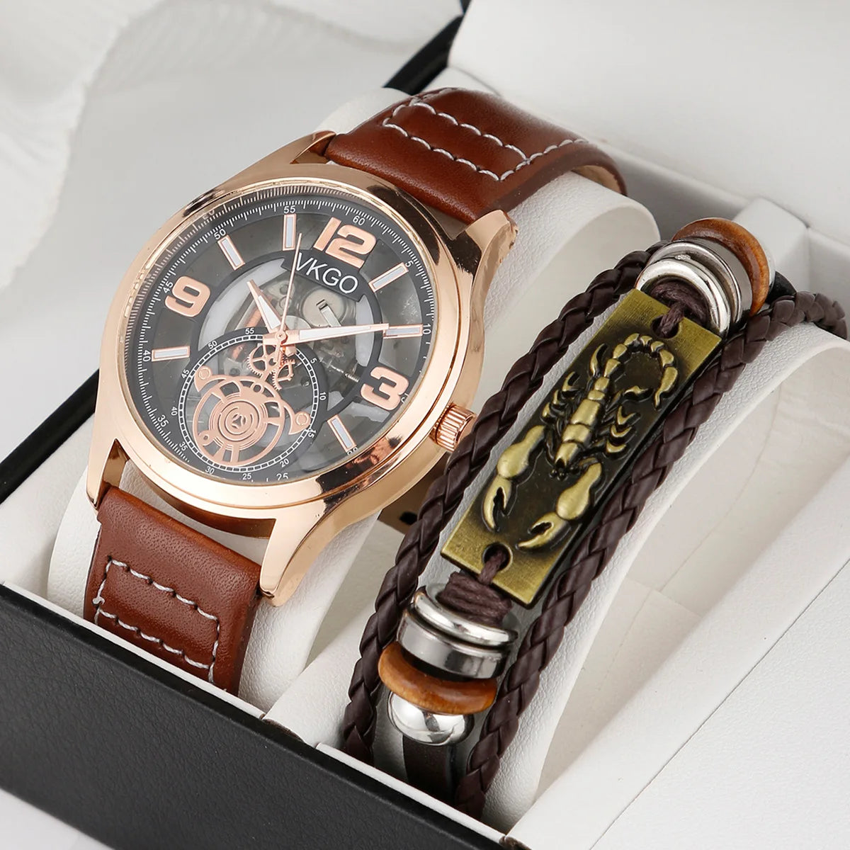 2 Pcs/Set Men Jewelry Analog Watch Fashion Vintage Gold Quartz Leather Strap Men Wrist Watches Bracelet Gift Set