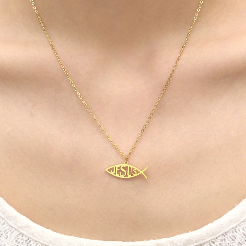 Non Tarnish 18k Gold Plated Jesus Fish Necklace Fashion Stainless Steel Religious Christian Fish Symbol Jewelry for Women Girls