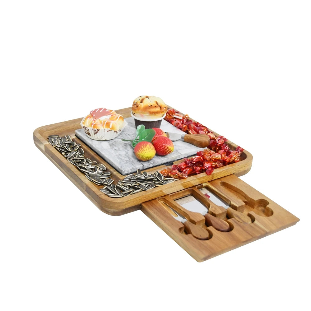 Cnlf Premium Wood Rectangular Cutting Cheese Board Charcuterie Board with Cheese Knife Set and Marble Plate Chopping Blocks