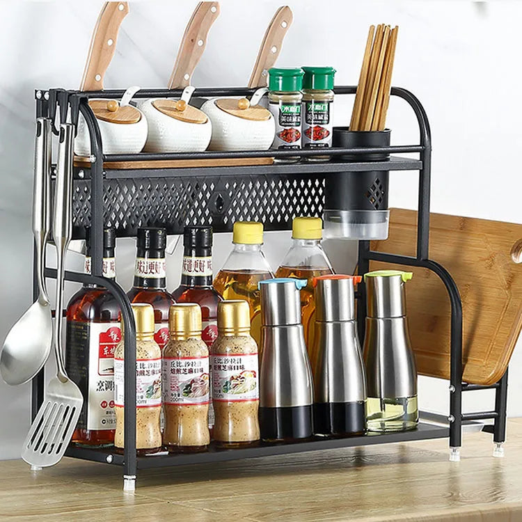 Kitchen 2-Layer Stainless Steel Multi-Function Rack Organizer Black Independent Spice Shelf Stand for Salt and Spice Storage