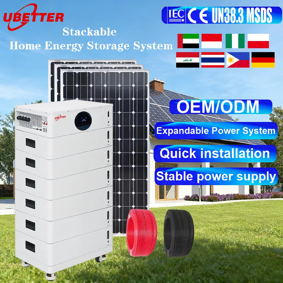 Stock Home Energy Storage 48V 51.2v LiFePO4 Battery100AH 200ah 10kWh 20KW Stackable Solar Lithium Battery for Residential Farm