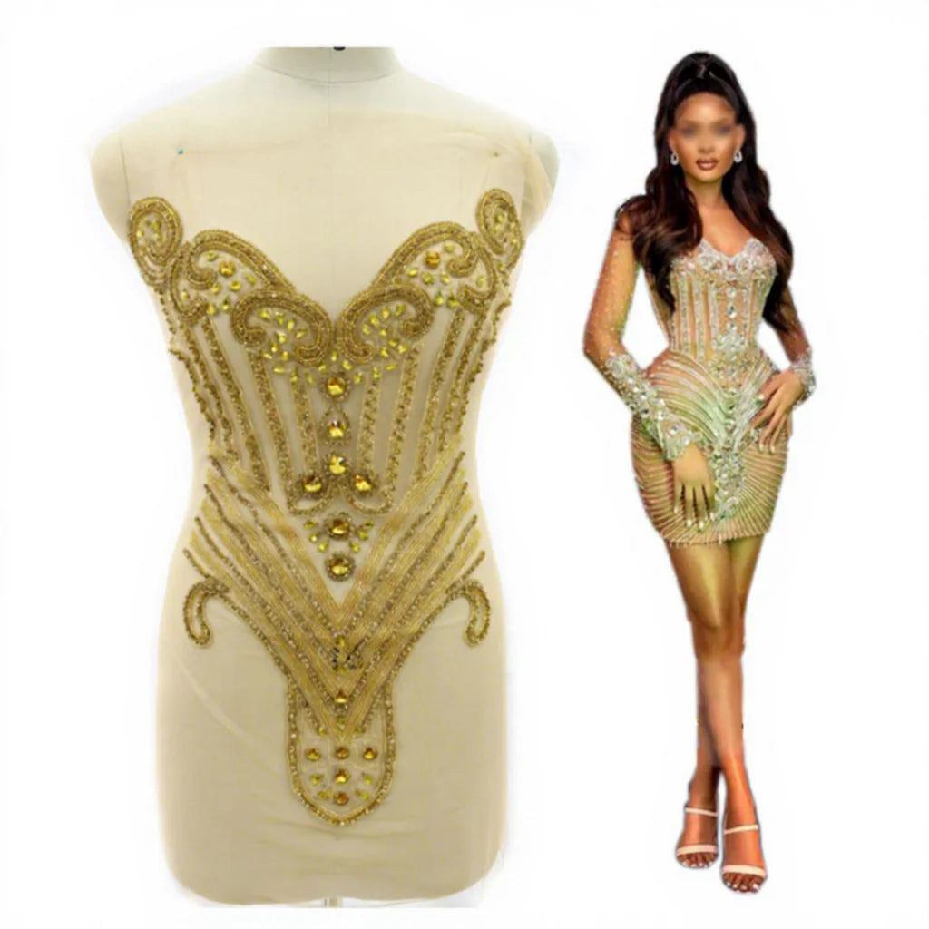 WDP-398 Wholesale Handmade Beautiful Gold Rhinestone Fabric Bodice for Wedding Dress