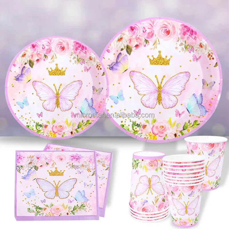 Butterfly Paper Tableware Set Disposable Plates Cups Napkins Dinnerware Sets for Children Birthday Party Decorations
