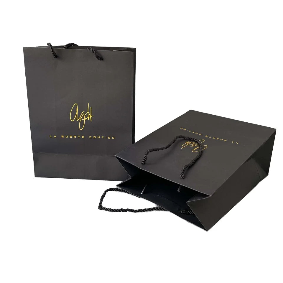 Custom Gold Stamped Printed Luxury Black Paper Jewelry Cosmetic Shoes Clothing Packaging Bag Gift Shopping Paper Bag With Handle