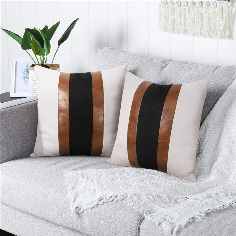 Decorative Pu Leather Throw Pillow Covers Square Patchwork Pillow Case Soft Canvas Cushion Pillowcase for Bedroom Sofa Decor