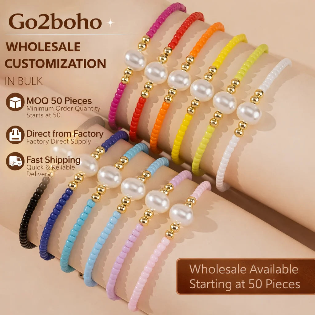 Go2boho Women's Daily Wear Handmade Multicolor Brass Bracelets Set Bohemian Style Faux Pearl Beads for Religious Anniversaries