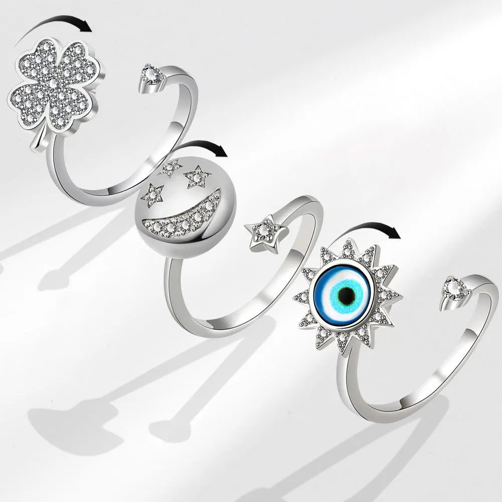 Trend Adjustable Four-Leaf Clover Spinner Fidget Zircon Ring Anti Anxiety Eye Rotating Ring for Women
