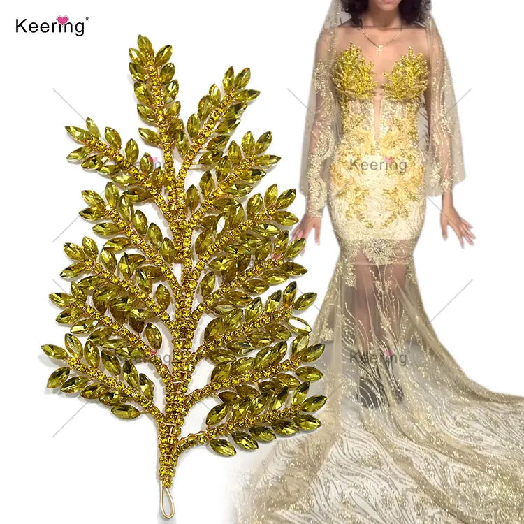 WHD-066 Wire Work Fashion Applique Patch 3D Big Rhinestone Floral Flower Applique Leaves for Dresses Decoration