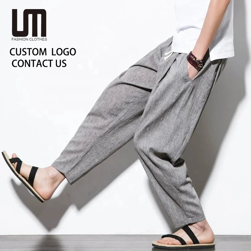 Clearance Sales Men's Chinese Style Streetwear - Summer Linen Wide Leg Pants Loose Fit Plus Size Casual Trousers
