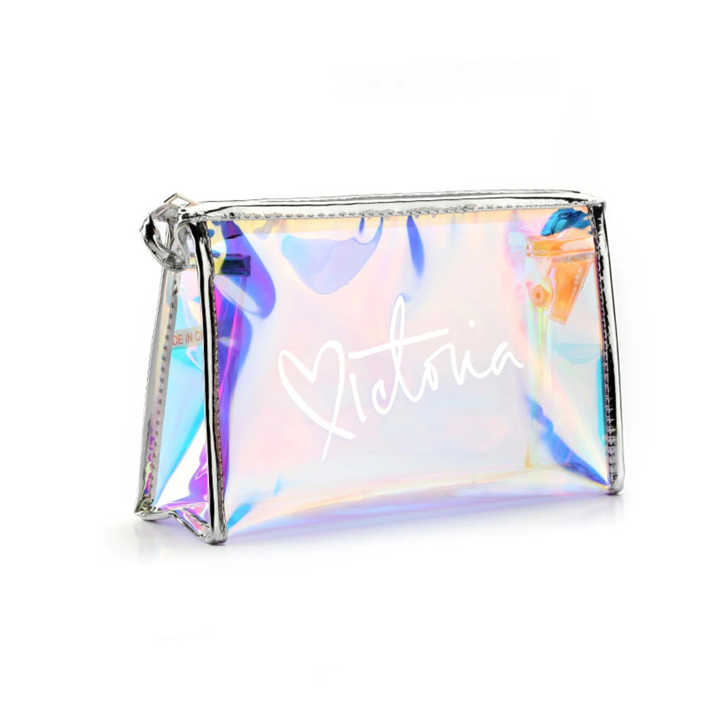 Custom Logo Women Laser PVC Cosmetic Bag Zipper Transparent Holographic Makeup Bag for Travel cosmetic bag pu