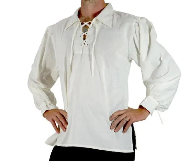 Col Dker Shirts Adult Men Medieval Renaissance Grooms Pirate Tunic Top Larp Costume Lace up Shirt Middle Age Cosplay Top