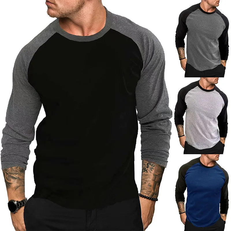 Knitted Fabric Breathable Solid Round-neck Long-sleeved T-shirt Men's Casual Patchwork T-Shirt