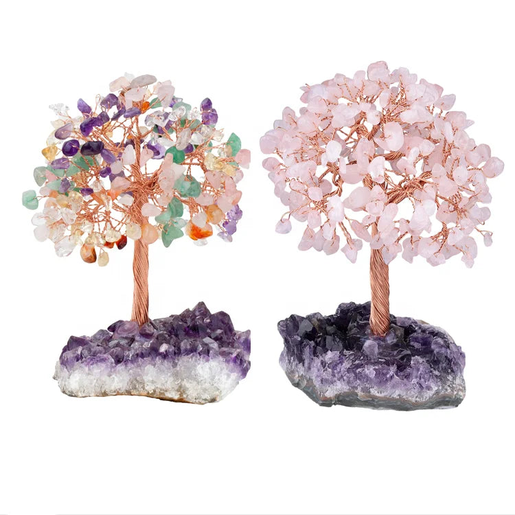 Amethyst Cluster Gemstone Bonsai Money Tree Healing Crystal Fengshui Good Luck Tree Brass Wire Tree Home Office Table Decoration