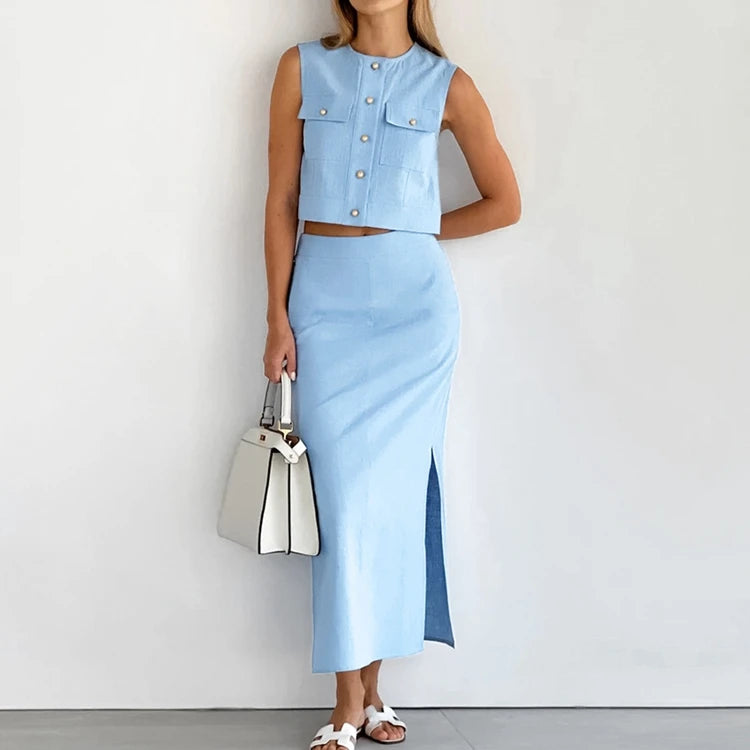 Enyami Ladies Elegant Vest Pocket Split Long Skirt Two Piece Office Women Casual Boutique Outfits Cotton Linen Set