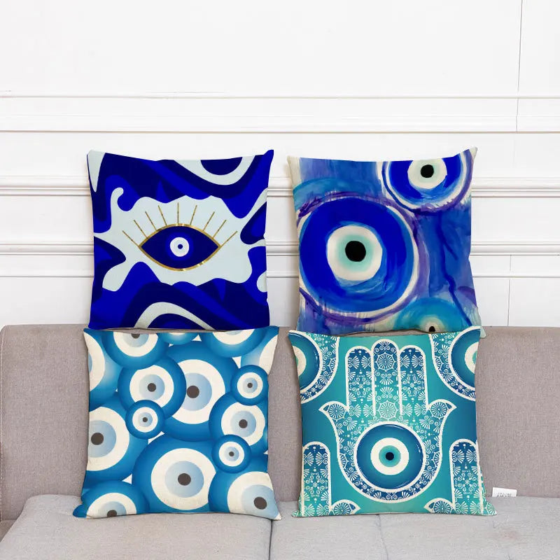 Evil Eyes Eco-friendly Invisible Zipper Customizable Blue Cotton Linen Print Decorative Throw Turkey Pillow Case for Home Sofa