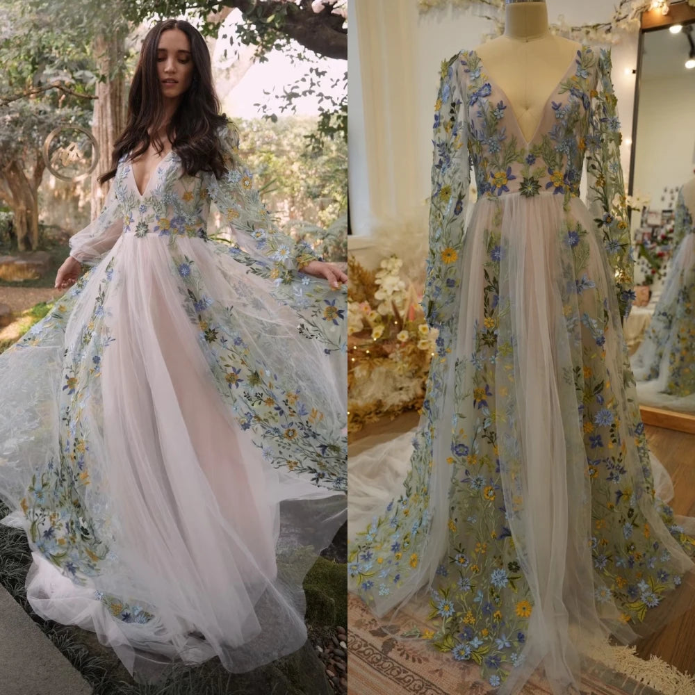 15555# Colorful Garden Romantic Puffy Sleeves V-neck Sweep Train Floral Lace Wedding Dress Bridal Gown for Women