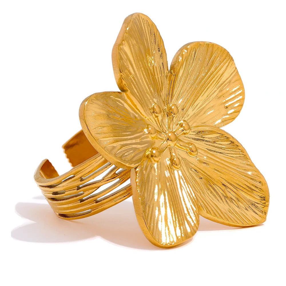 JINYOU 2216 Waterproof 18K Gold Stainless Steel Flower Big Open Ring for Women Trendy Fashion Party Summer Statement Jewelry