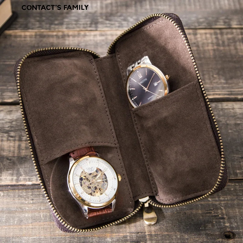 New Style Hot Sale Factory Luxury Retro Crazy Horse Leather 2 Slot Travel Watch Cases Zipper Couple Watch Bag Packaging