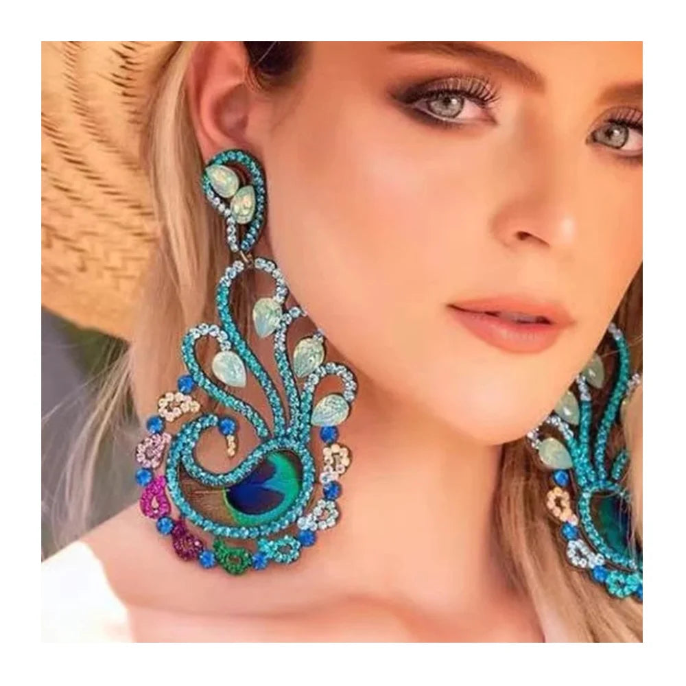 Fashion Luxury Exaggerated Super Large Rhinestone Blue Peacock Drop Earrings Women