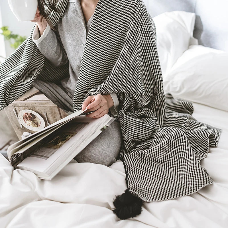 Cotton Knitted Throw Blanket with Tassel Super Soft & Eco-Friendly Modern Style for Sofa Decor