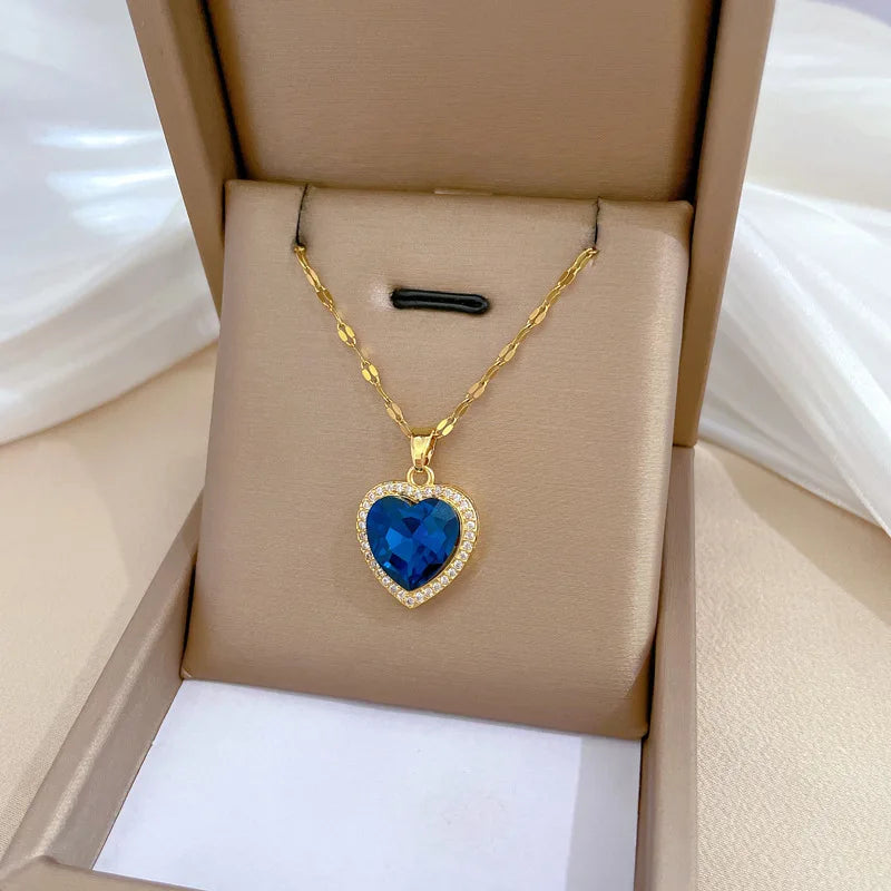 Titanium Steel Full Diamond Heart Gemstone Necklace Charm Choker Chain for Women Wedding Engagement Stainless Steel Jewelry