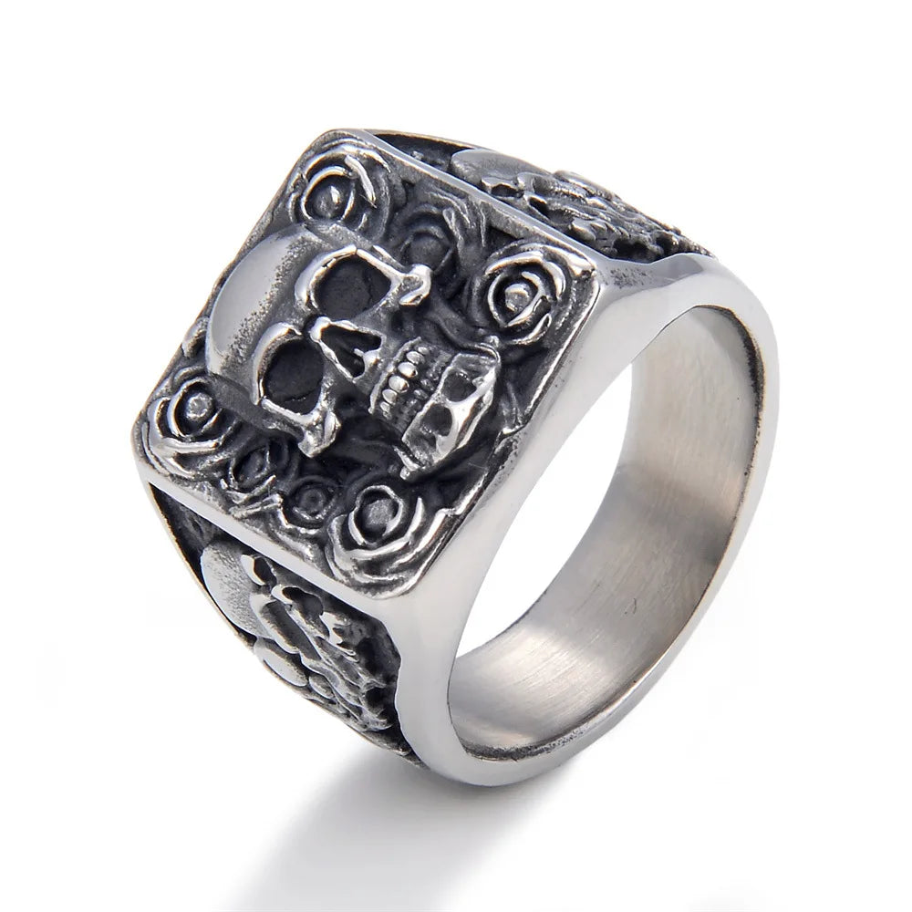 GT OEM Men's Retro Classic Rose Skull Titanium Steel Ring Vintage Vintage with Trendy Ghost Face Stainless Steel Vintage Style