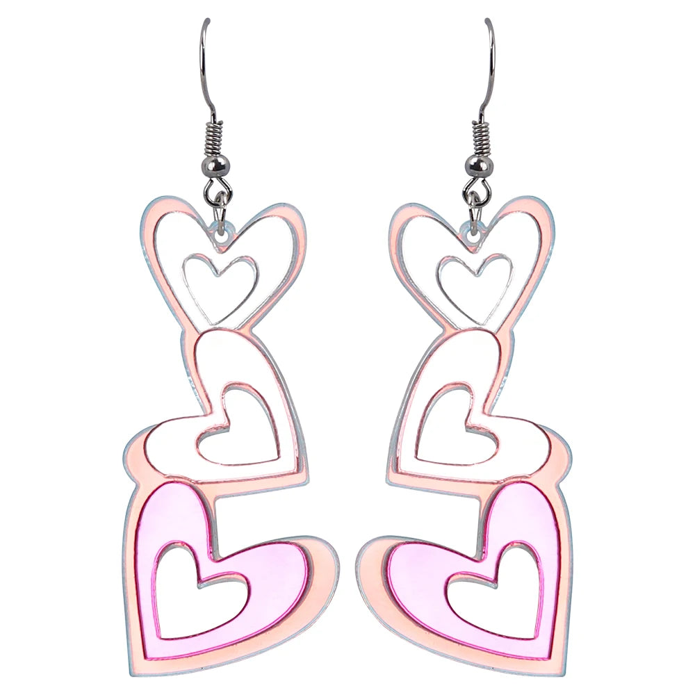 2024 Valentine's Day Fashion Drop Earrings for Women Romantic Sweet Pink Triple Heart Acrylic Mirror for Romantic Moments