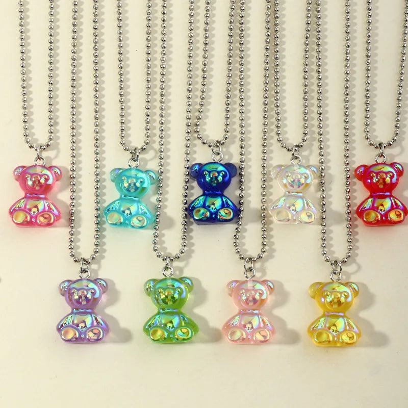 Fashion Stylish Silver Ball Chain Jewelry Gifts Cute Colorful Resin Gummy Teddy Bear Pendent Necklaces for Hip Hop Women Girls