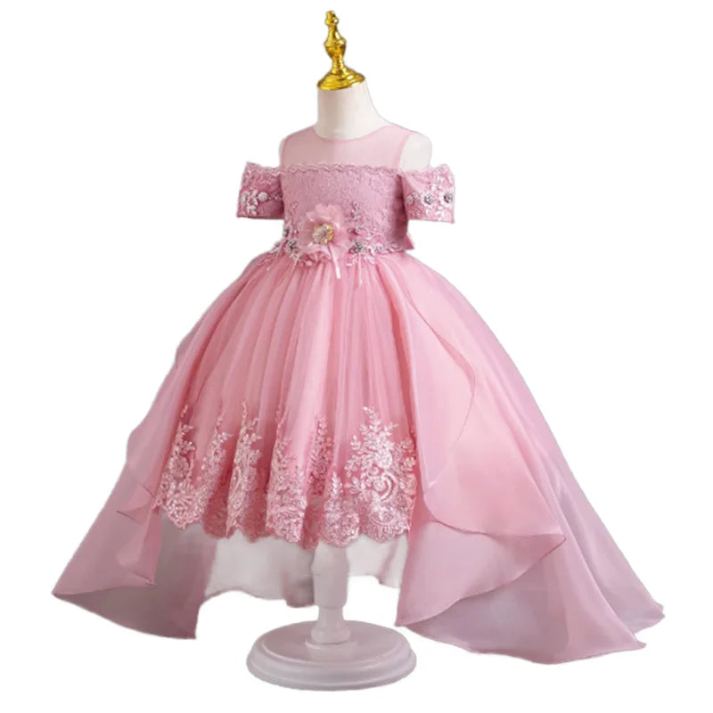 2025 New Style Korean Sweet Princess Dress for Toddlers Girls' Lace Trailing Wedding & Piano Performance Dress Short Sleeves