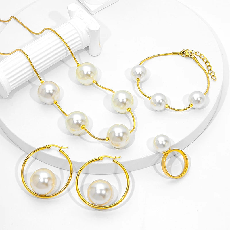 Wholesale 4pcs Pearl Jewelry Sets 18k Gold Stainless Steel Plastic Pearl Earrings Bracelet Necklace Ring Jewelry Sets for Woma
