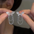 Dainty Link Chain Tassel Butterfly Earrings Micro-Inlaid Zircon CZ Stud Fashion Women's Drop Jewelry