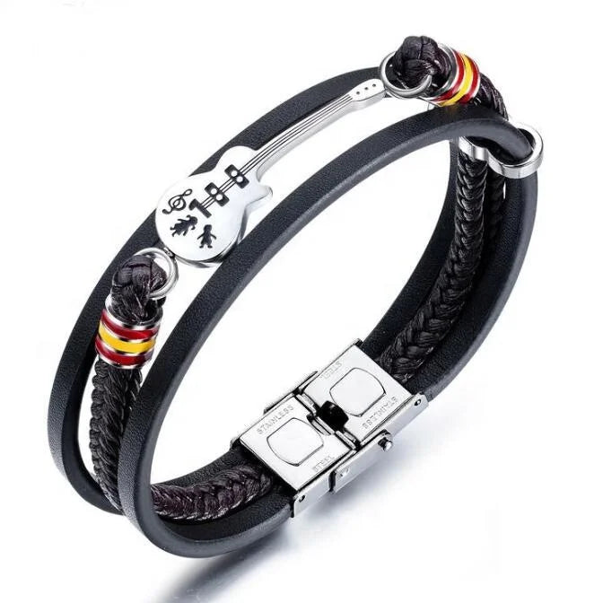Hot Sale Fashion Stainless Steel Punk Men's Rock Music Guitar Knitting Layers Leather Bracelet for Men Jewelry