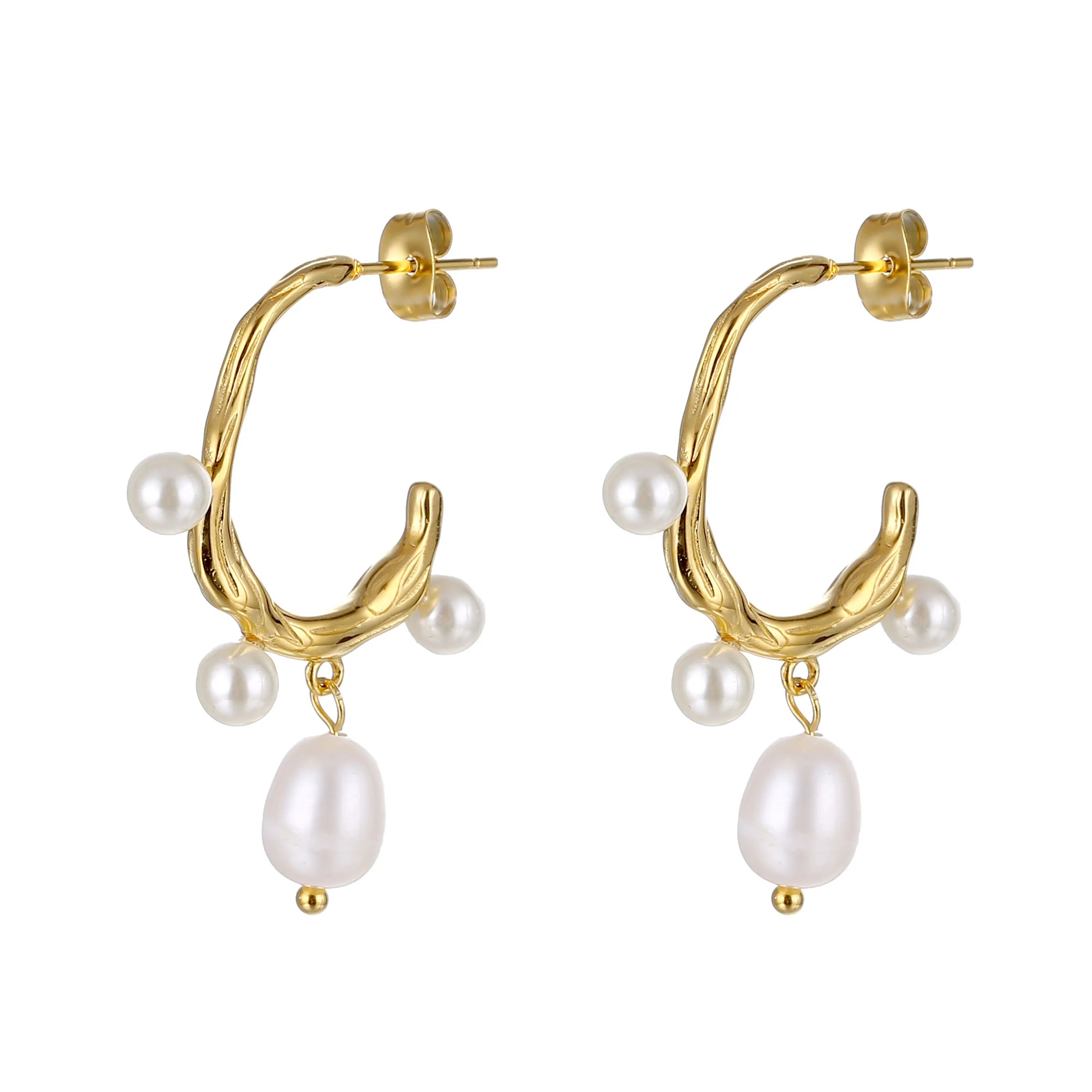 2022 Trendy Designer Fashion Titanium 18k Gold plated Stainless Steel freshwater Irregular white Oval Pearl Stud Hook Earrings