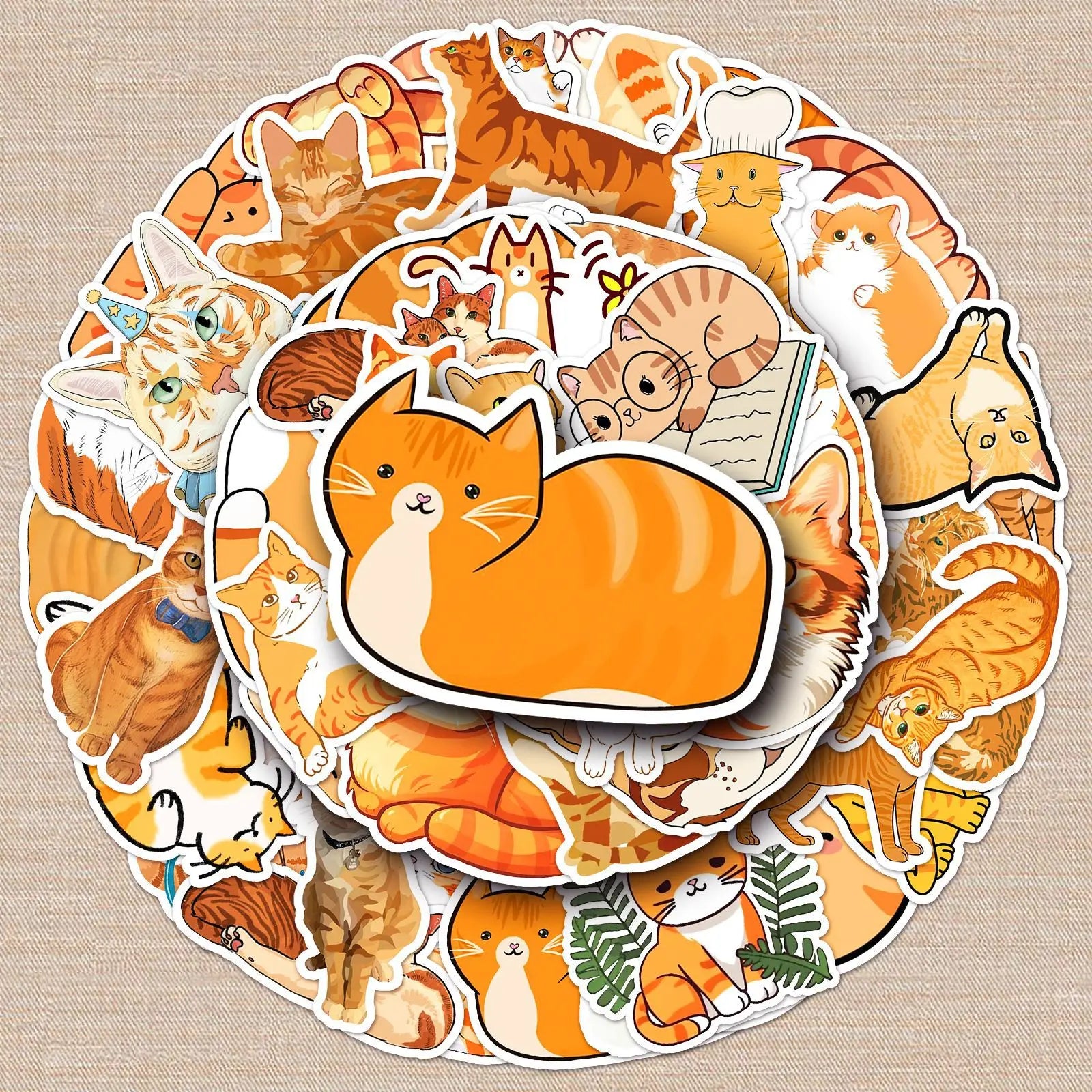 50 pcs cute orange cat PVC self adhesive stickers for laptop phone case suitcase skateboard guitar table and books