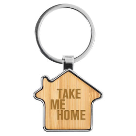 Natural Bamboo House Shaped Keyring with Zinc Alloy Metal Keychain Promotional Gifts KR0015 Bamboo House Key Ring in Stock