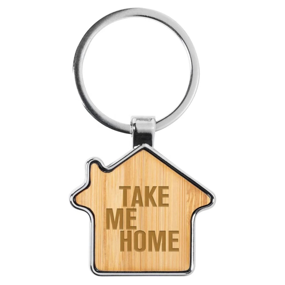 Natural Bamboo House Shaped Keyring with Zinc Alloy Metal Keychain Promotional Gifts KR0015 Bamboo House Key Ring in Stock