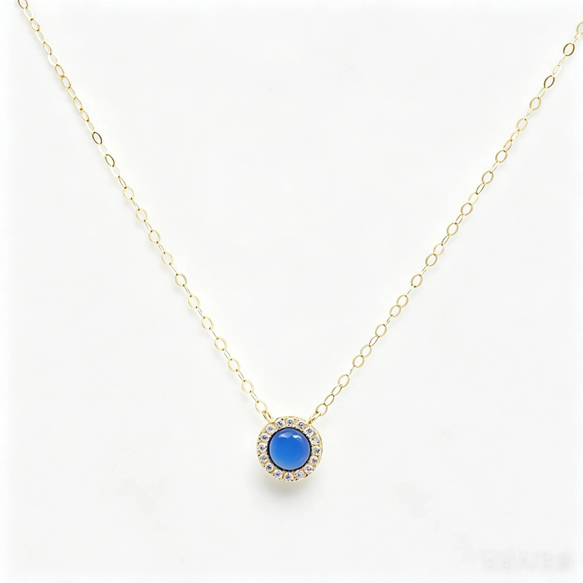 PCX 18K Solid Gold Halo Blue Chalcedony Pendant Necklace Dainty Oval Link Chain Agate Birthstone Fine Jewelry Gift for Women