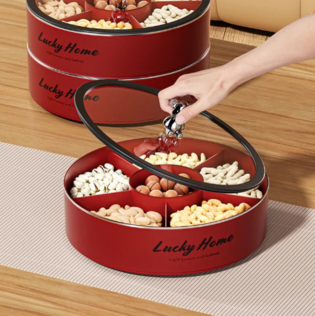 Household Plastic High End Dry Fruit Storage Box Stackable Candy Snack Fruit Tray Grid Tray Rotating Tray With Transparent Lid