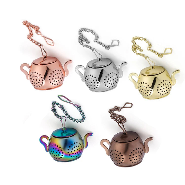 Gold Rose Gold Bronze Silver Rainbow Teapot Shaped Tea Infuser Ball with Chian and Drip Tray for Loose Leaf Tea
