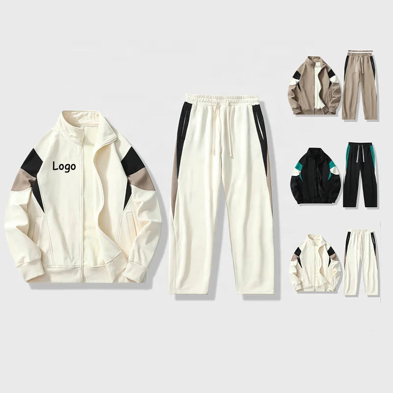 Men Casual Sweatpants Suit Fashion Loose Crew-neck Matching Color Hoodie Men's Two-piece Set