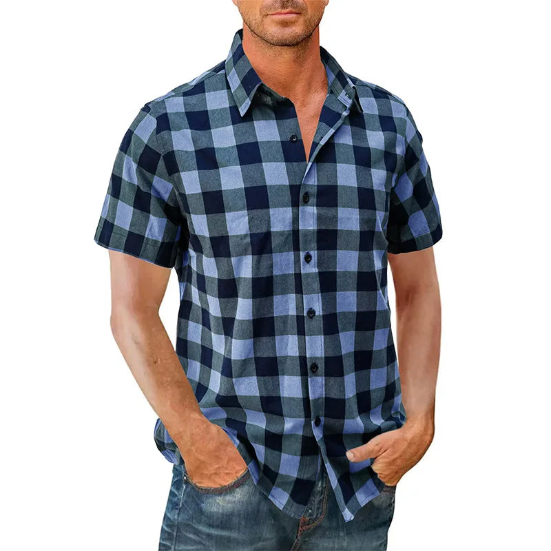 RNSHANGER Short Sleeve Cotton Shirts for Men Summer Plaid Hawwain Men Shirts Causal Shirt Mens