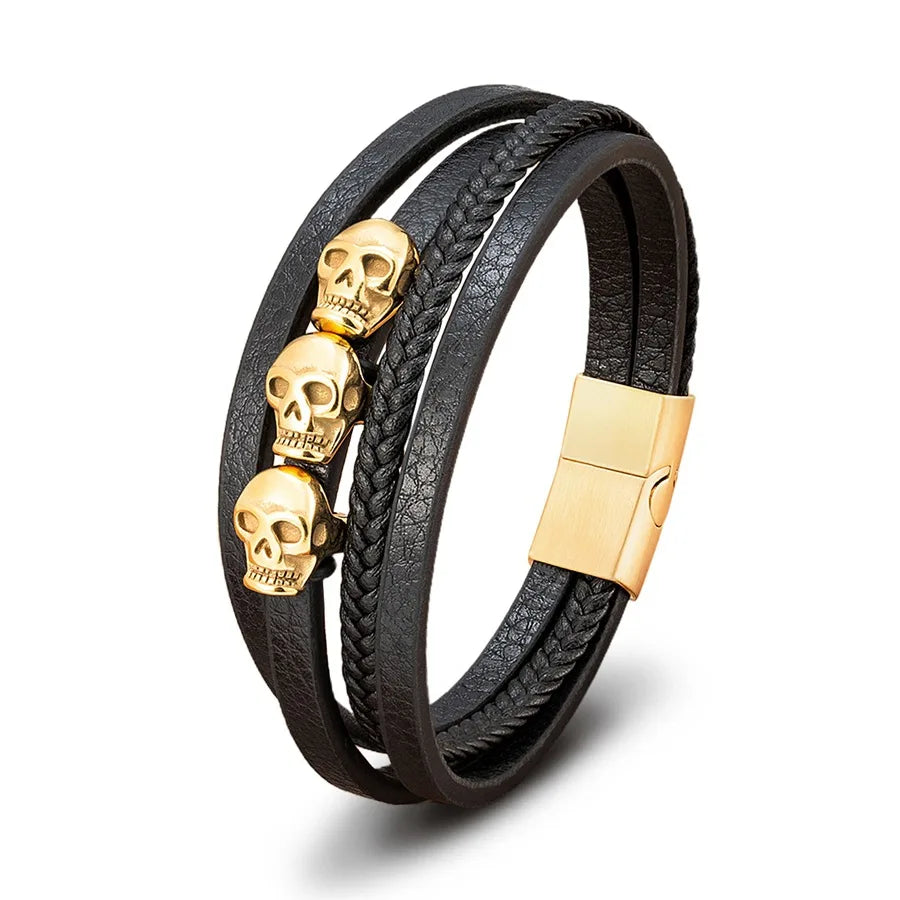 Factory Outlet Genuine Leather Bracelet With Skull Stainless Steel Magnetic Clasp Charm Leather Bracelet for Men Jewelry