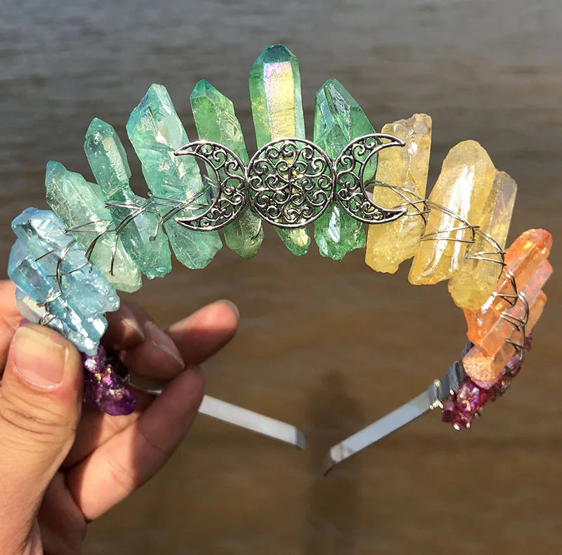 DIY Gems Summer Welcomed Aura Quartz Crystals Healing Stones Point Comb Headband DIY Moon Charms Loose Gemstone Jewelry Women Comb Healing Crystals